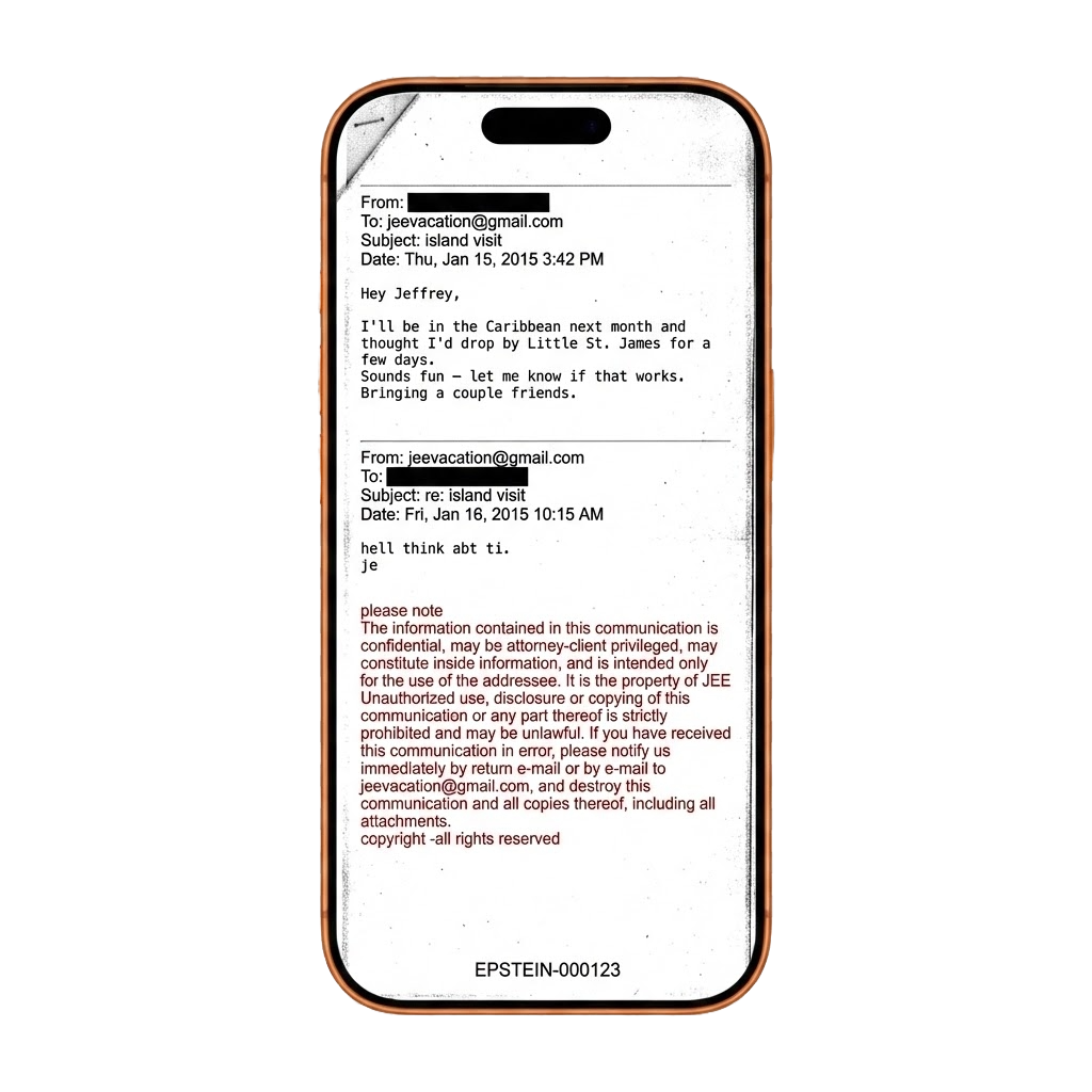 iPhone showing Gmail email from Jeffrey Epstein with cryptic island invitation